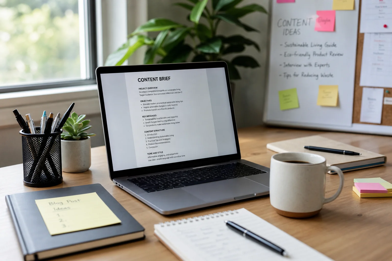 A modern workspace with a sleek desk, open laptop, stationery, and a potted plant, bathed in natural light.