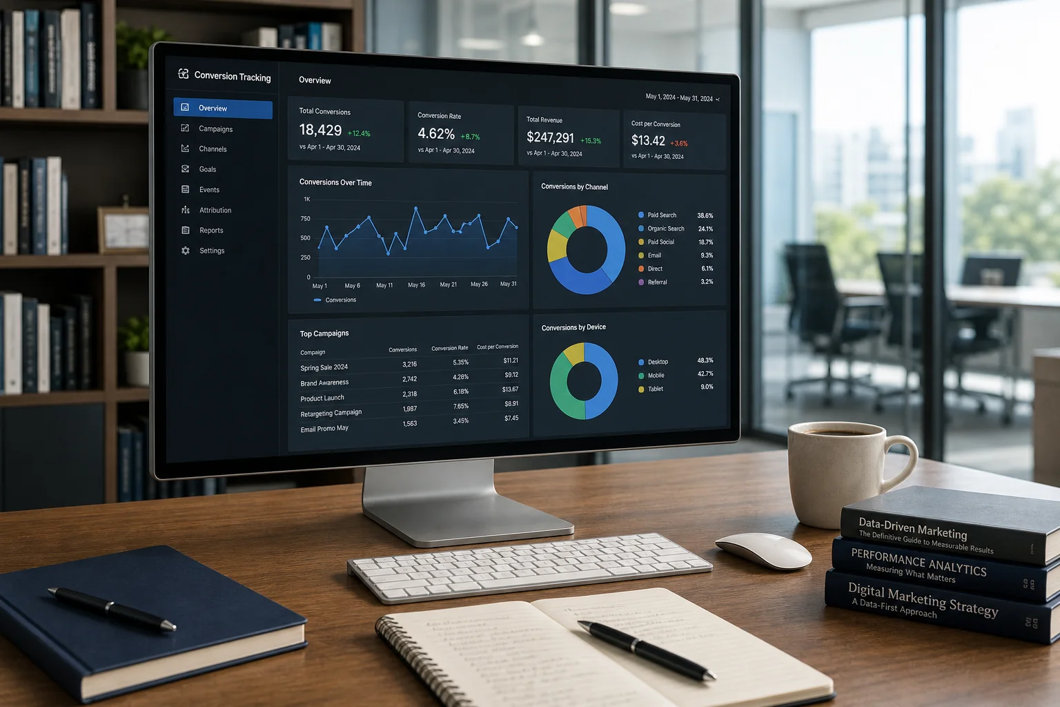 A modern office workspace with a sleek monitor displaying colorful analytics charts, organized desk items, and natural light.