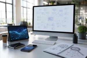 A modern digital workspace with a computer displaying a schema markup diagram, surrounded by tech gadgets in a bright office.