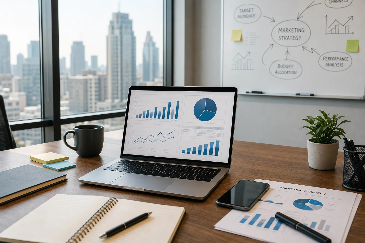 Modern office scene with an organized desk, laptop on cost analysis, city view, and marketing items, exuding professionalism.