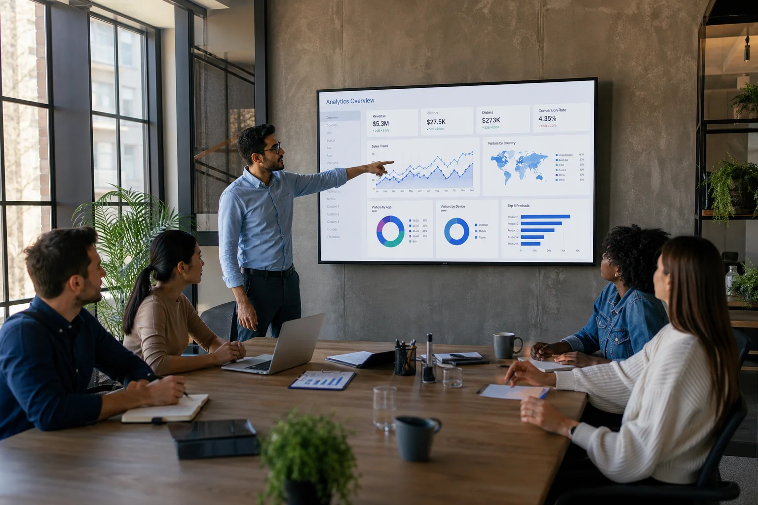 A diverse team collaborates in a modern office, discussing colorful analytics on a large screen, with natural light enhancing