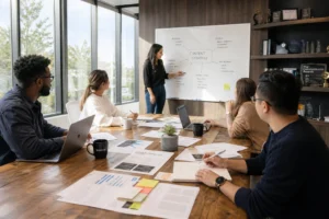 A diverse team of content marketers collaborates at a large table, brainstorming ideas in a bright, professional office setti