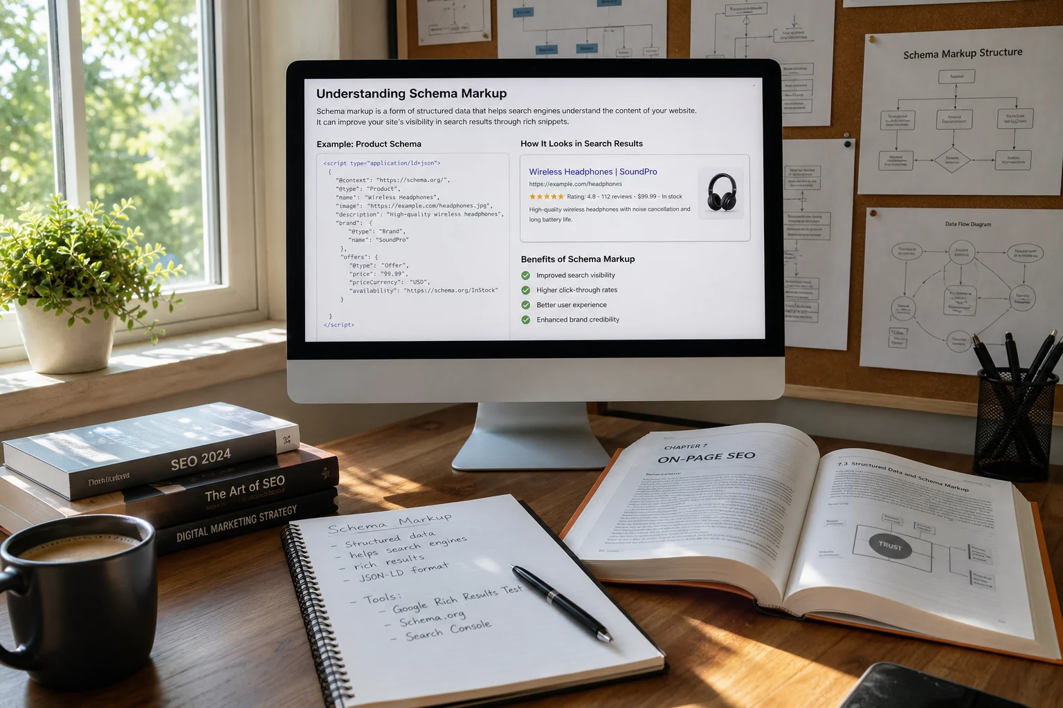 A serene workspace featuring a modern computer, SEO books, notes, and a coffee cup, illuminated by natural light.