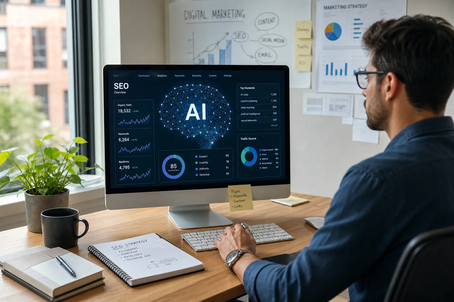 A bright modern office with a person analyzing AI and SEO data on a computer, surrounded by notebooks, coffee, and greenery.