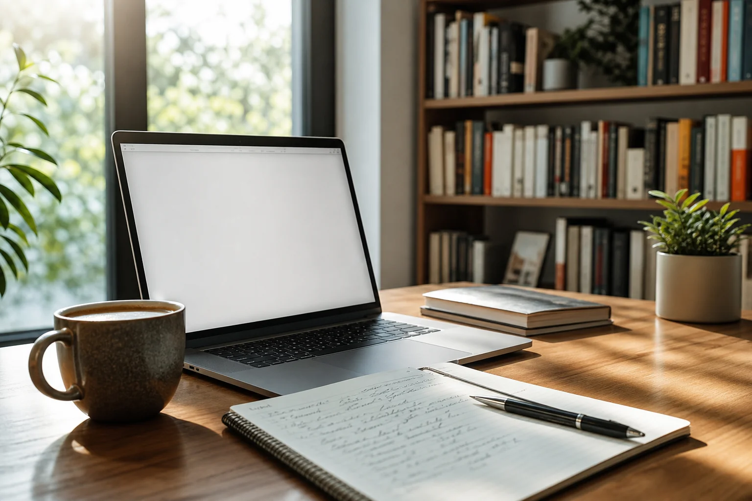 A serene workspace with a modern desk, open laptop, handwritten notes, and coffee, bathed in natural light, inspiring creativ