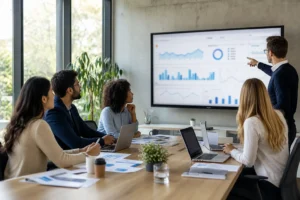 Diverse professionals collaborate in a modern office, analyzing data on large screens, fostering teamwork and innovation.