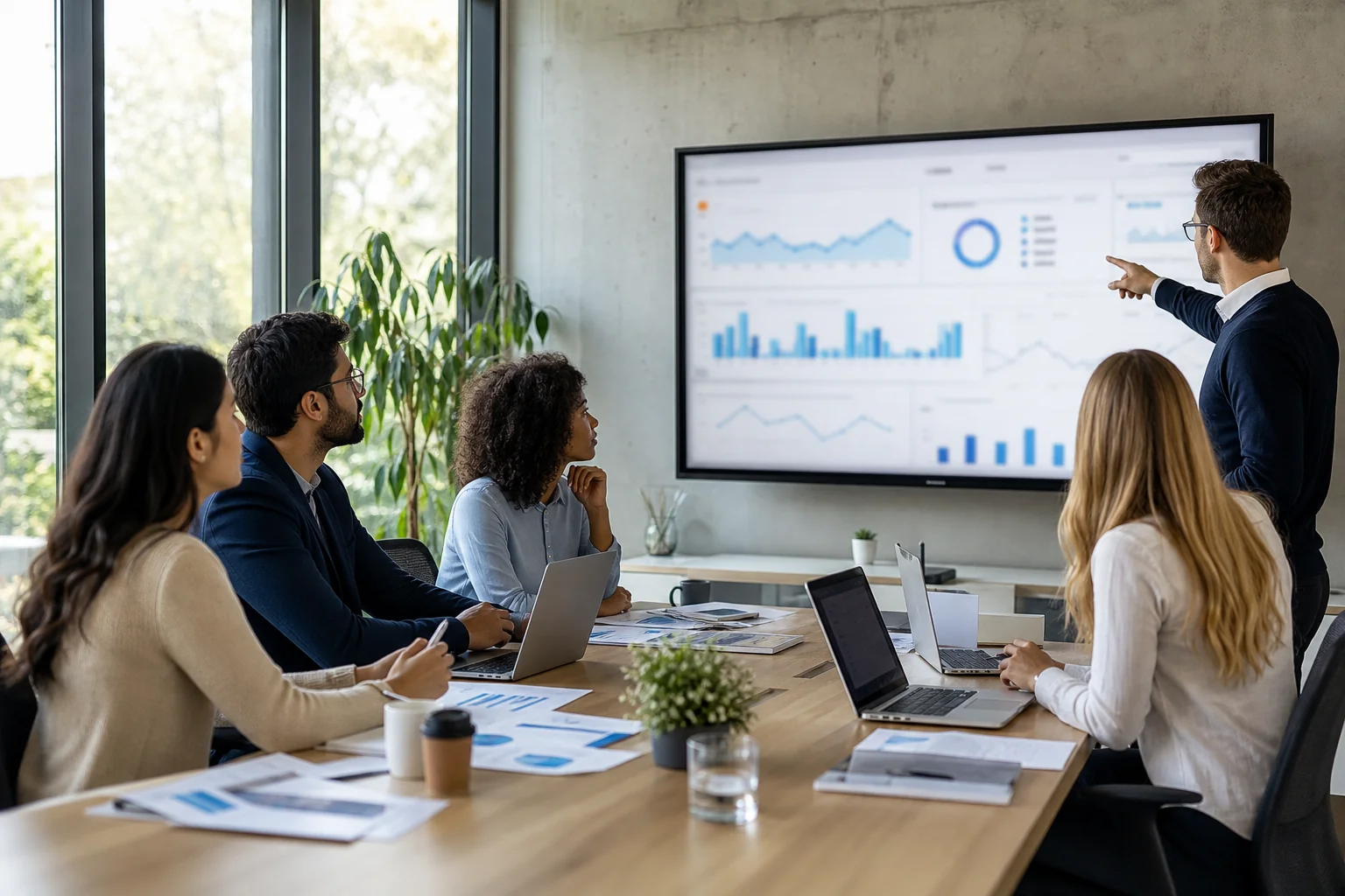 Diverse professionals collaborate in a modern office, analyzing data on large screens, fostering teamwork and innovation.
