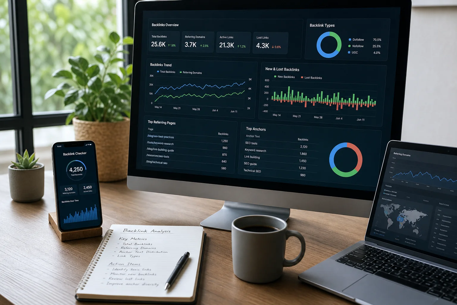 A modern workspace with a computer displaying an SEO dashboard, notes on backlink analysis, coffee, and plants, bathed in nat