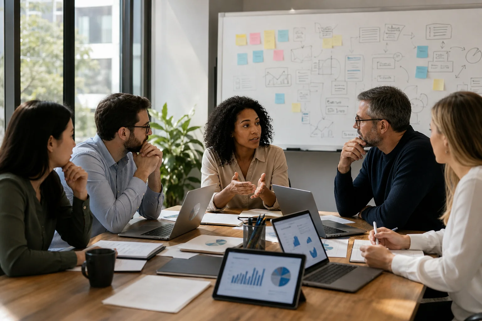 A diverse team of professionals discusses marketing strategies around a large table, surrounded by digital devices and a brig