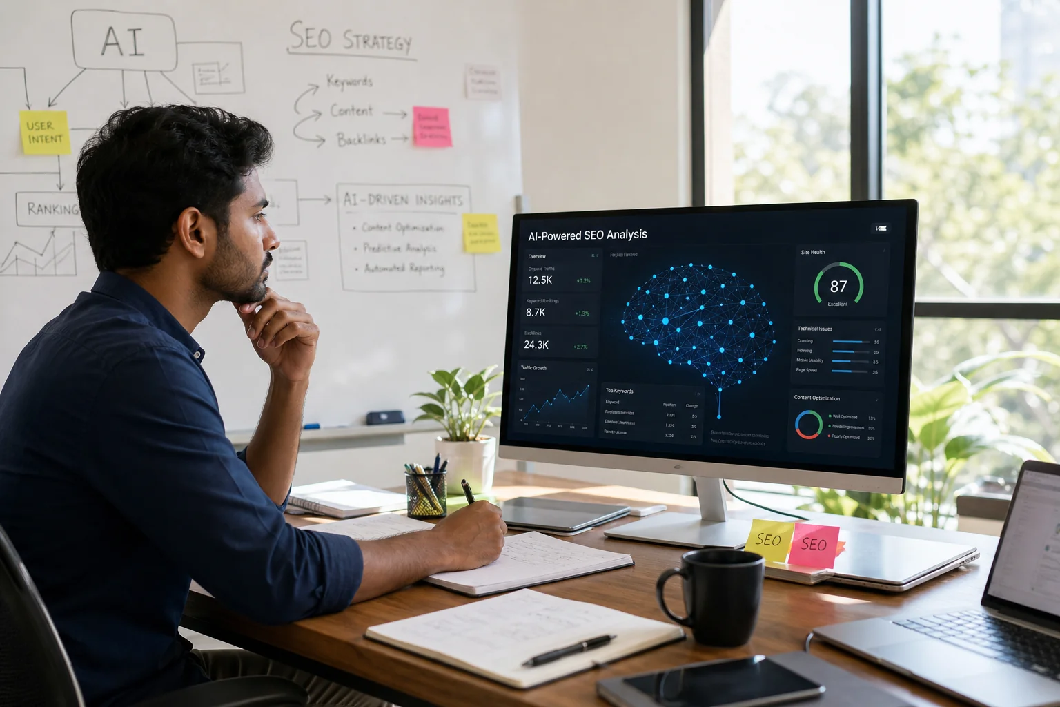 A diverse professional analyzes AI and SEO data on a sleek computer in a sunlit, modern office filled with tech gadgets.