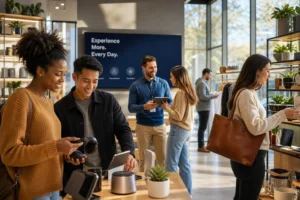 A diverse group of happy shoppers enjoys a modern e-commerce store, highlighting personalized service and community engagemen