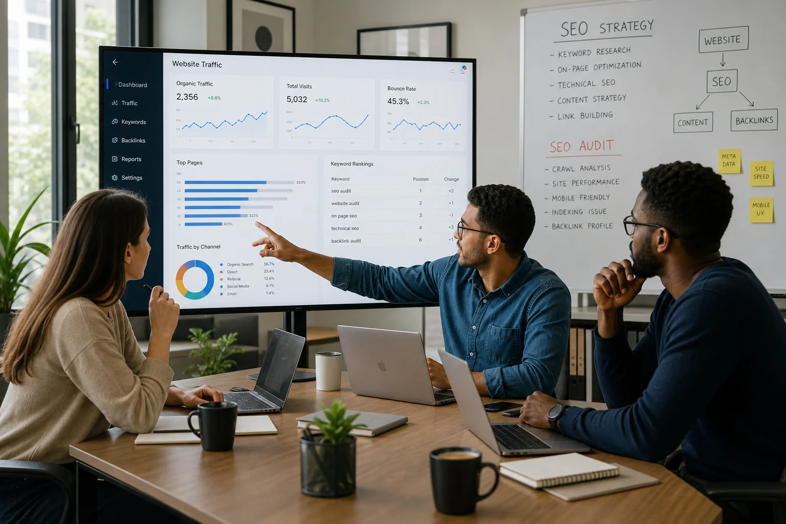 Diverse team in a bright office analyzes website traffic data on a screen, fostering collaboration around a conference table.