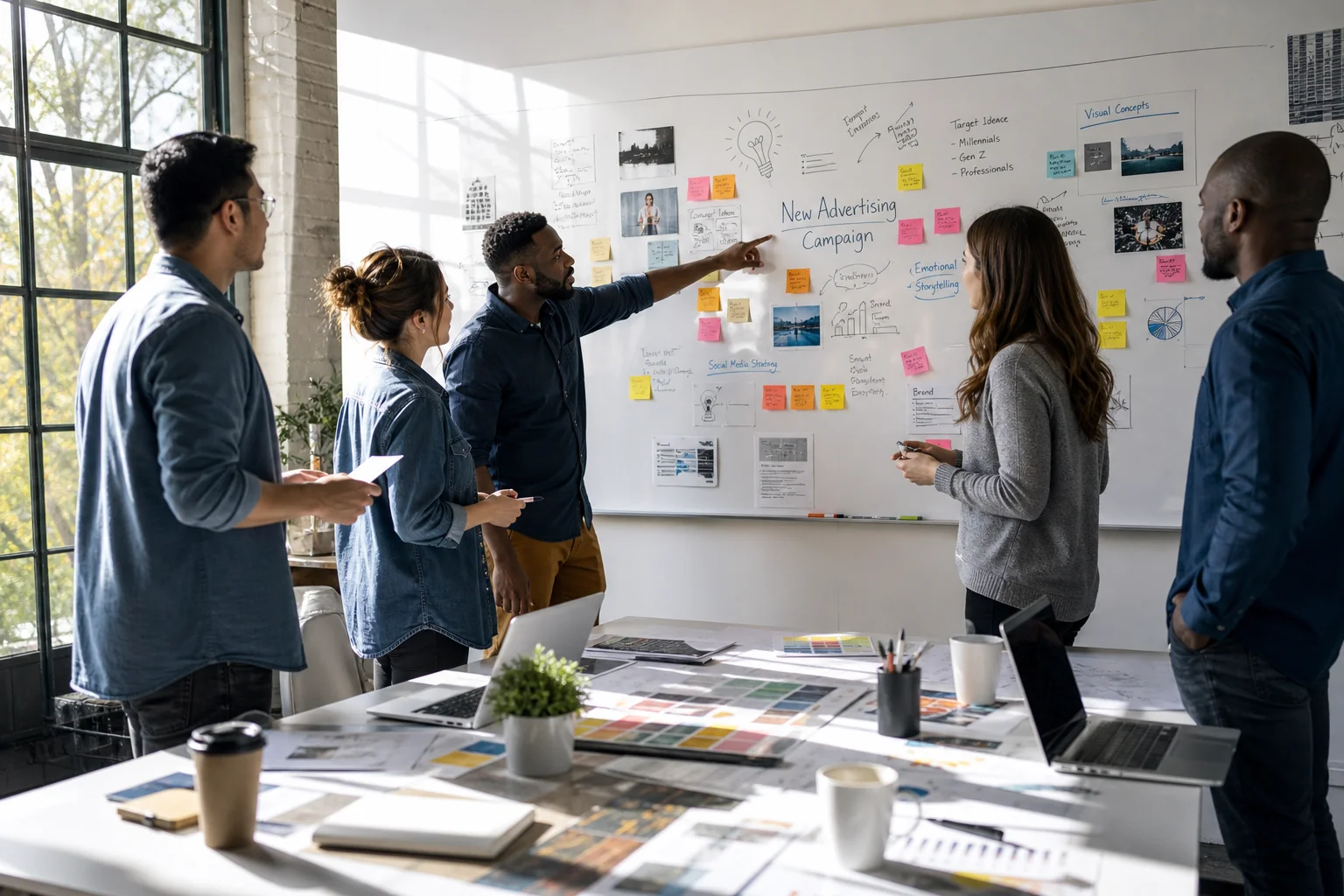 A diverse team brainstorms in a bright conference room, surrounded by colorful ideas on a whiteboard, embodying creativity an
