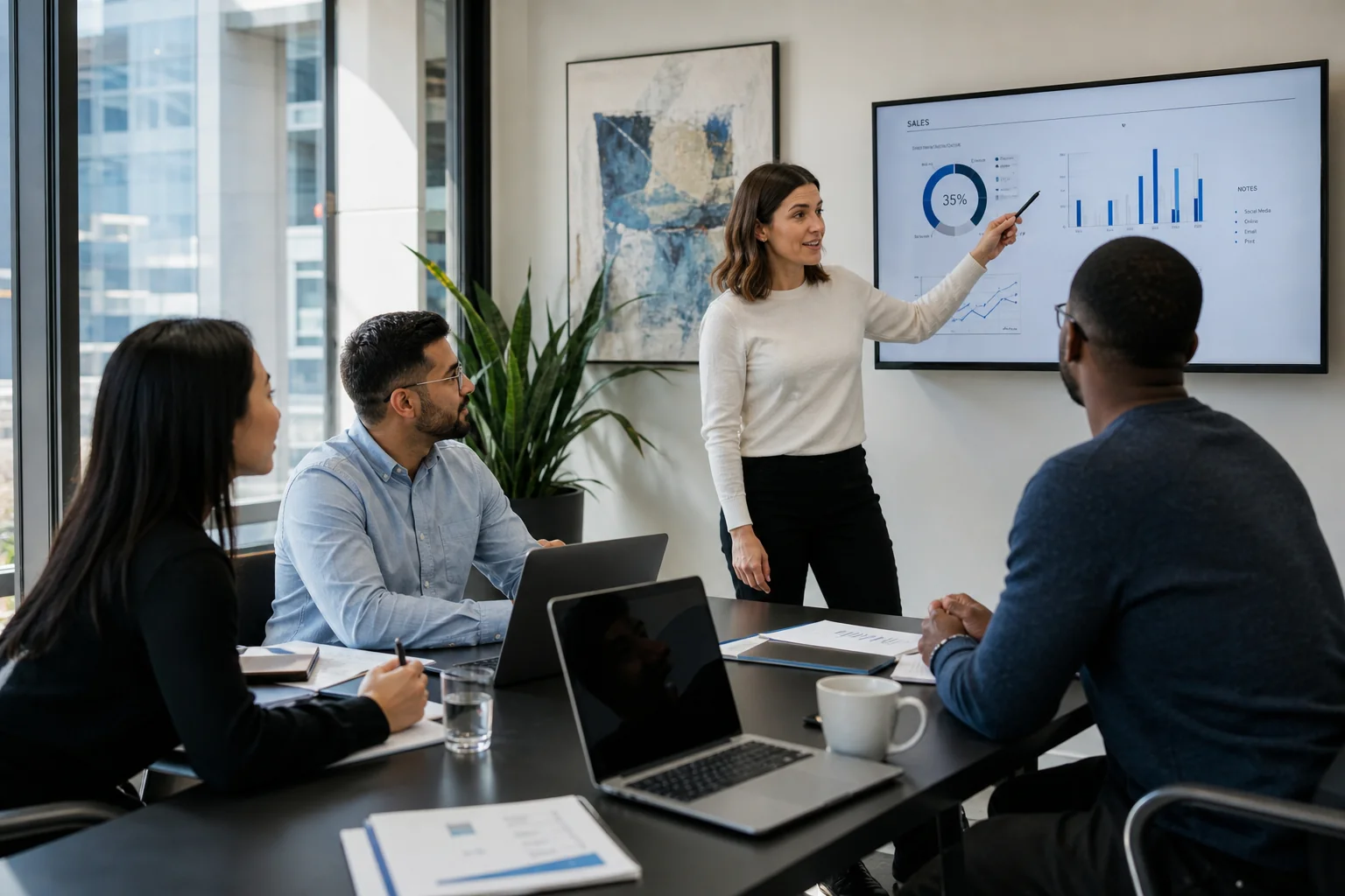 A diverse team collaborates in a bright office, discussing ideas around a conference table, with charts displayed on a screen