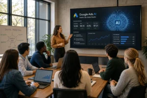 Diverse group engaged in digital marketing training, focused on Google Ads AI, with data visuals on screen and a collaborativ
