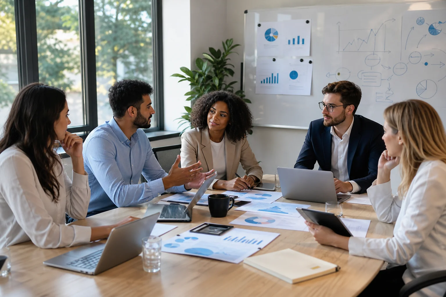 Diverse professionals collaborate at a conference table, surrounded by laptops and data visuals, in a bright, modern office.