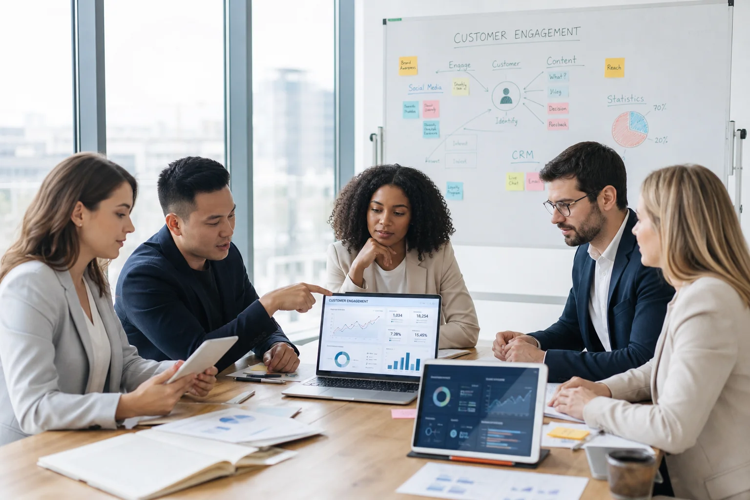 Diverse business professionals collaborate around a modern table, analyzing data and discussing strategies in a bright, airy