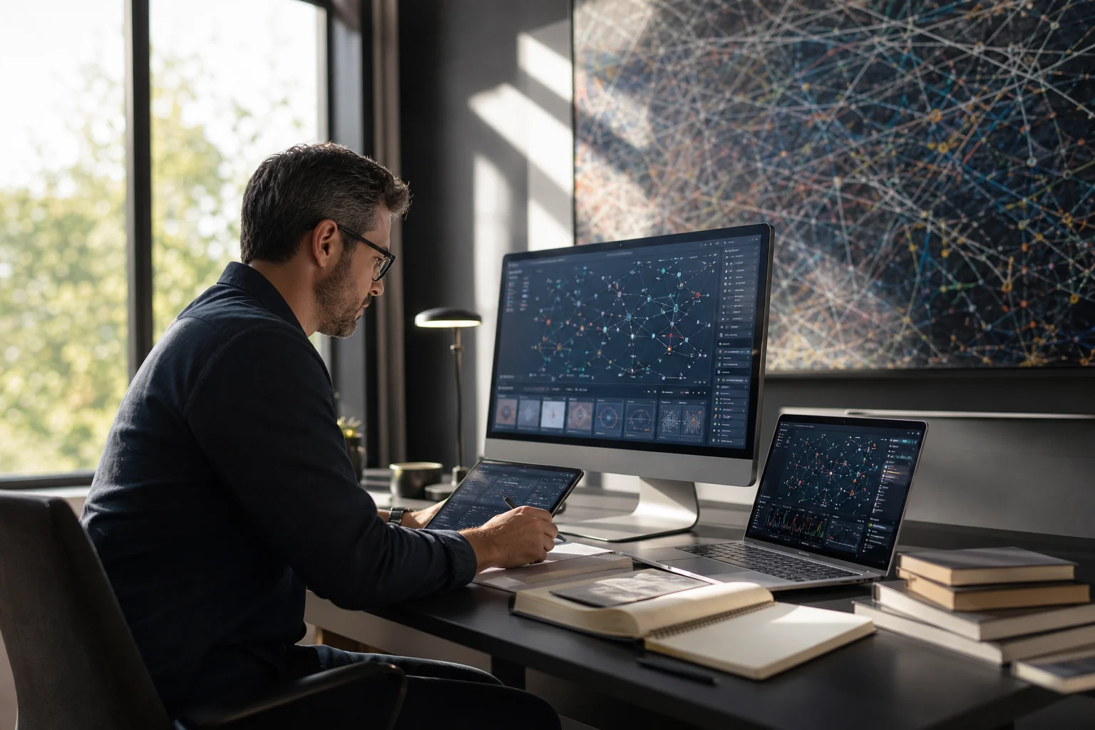 A professional analyzes complex data on multiple screens in a serene, well-lit office, surrounded by notepads and art.
