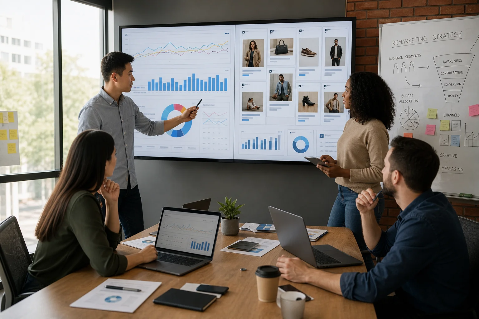 A diverse team of marketing professionals collaborates in a modern office, focused on digital devices and analytics on a larg