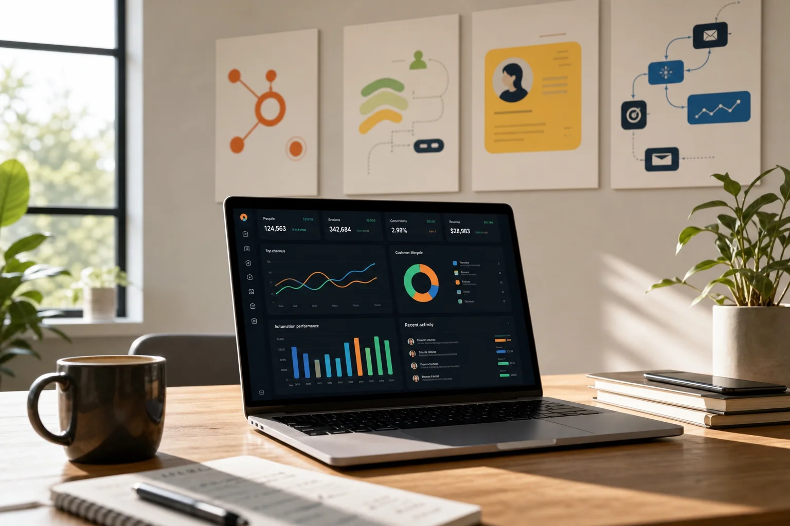 A modern office with a sleek desk, laptop showing marketing analytics, warm lighting, a plant, and coffee, evoking innovation