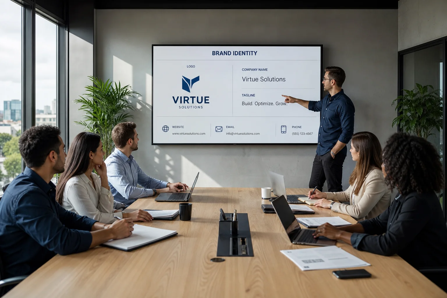 A modern office with a diverse team discussing a brand identity presentation on a digital screen, illuminated by natural ligh