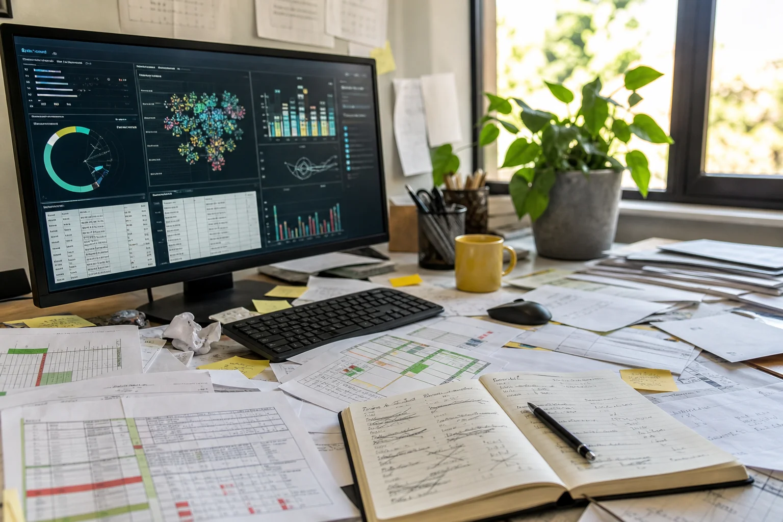 Cluttered office desk with a computer dashboard, scattered documents, and crossed-out notes, highlighting data quality strugg