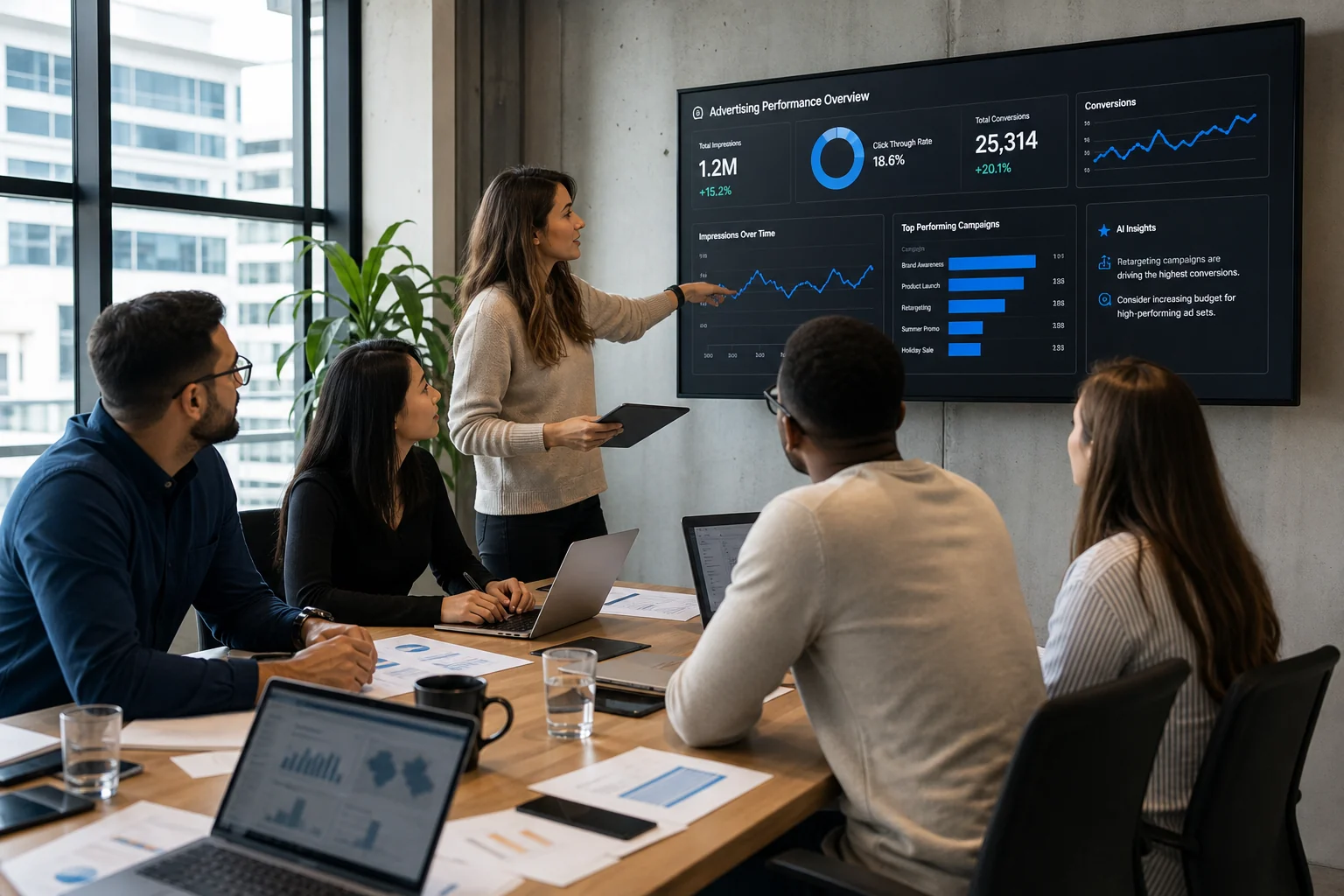 Diverse team collaborates in a modern office, analyzing data on a screen, showcasing teamwork and innovation in digital marke