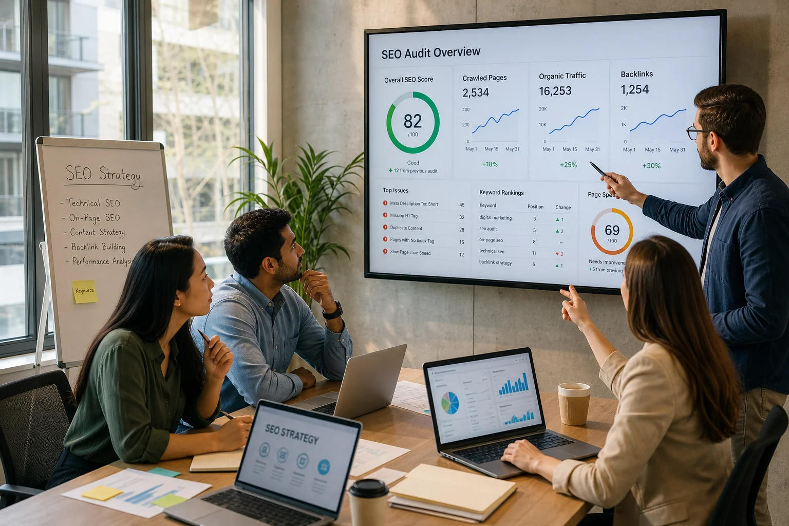 Diverse digital marketing team collaborates in a bright office, analyzing colorful graphs on a screen, showcasing teamwork an