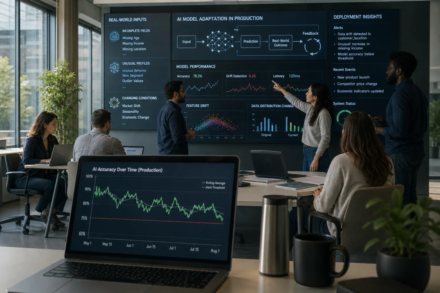 A diverse team of data scientists analyzes AI performance in a high-tech office, with dynamic data visualizations on large sc