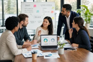 Diverse business professionals collaborate in a bright conference room, analyzing growth strategies with charts and documents