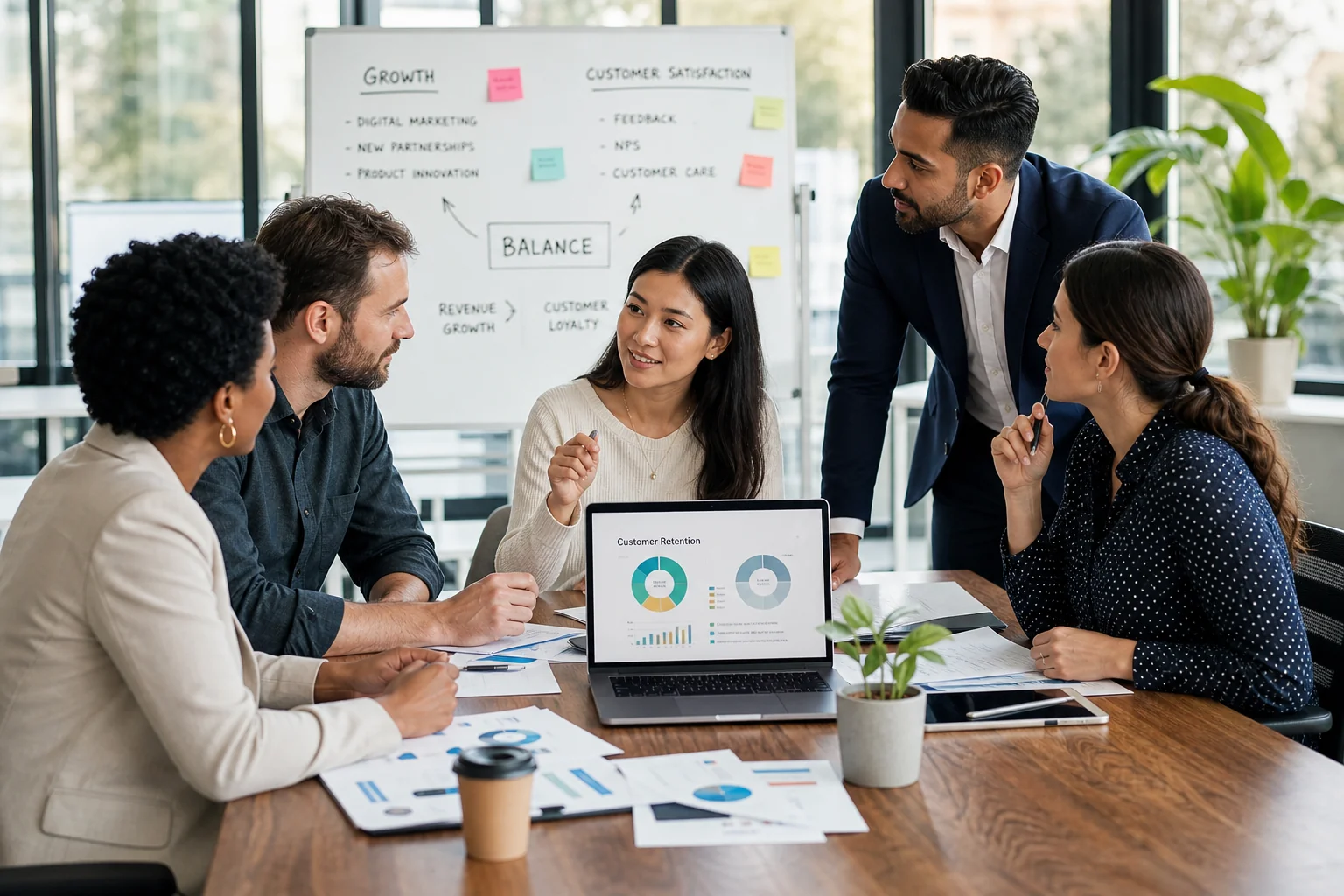 Diverse business professionals collaborate in a bright conference room, analyzing growth strategies with charts and documents
