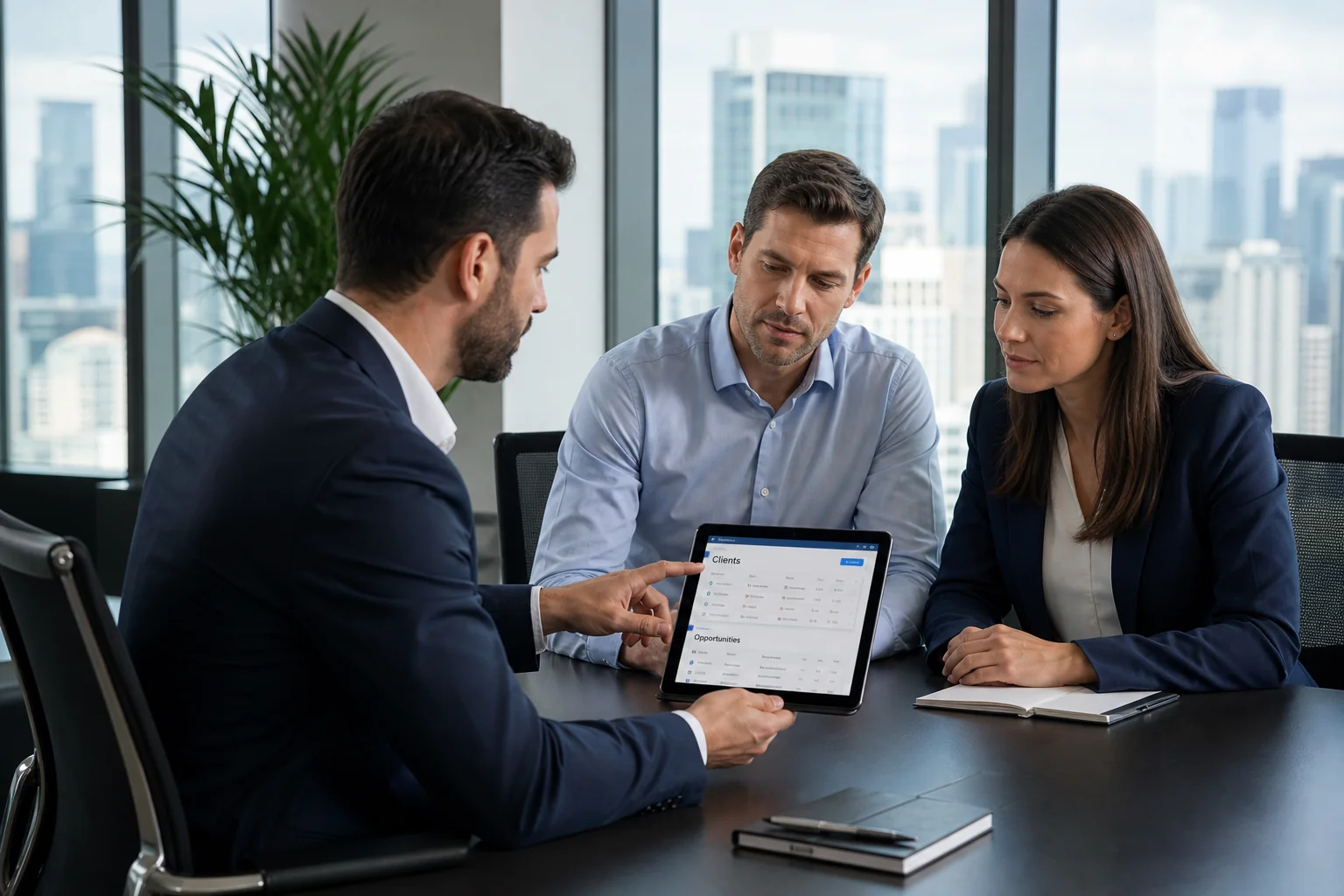 Three business professionals discuss a digital tablet at a sleek conference table, illuminated by natural light with a city s
