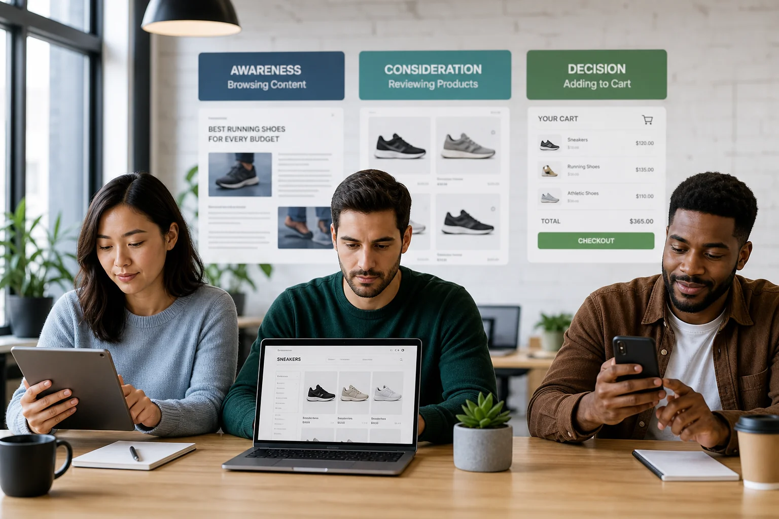 A diverse group of individuals in a bright office, each using digital devices at different buying journey stages, showcasing
