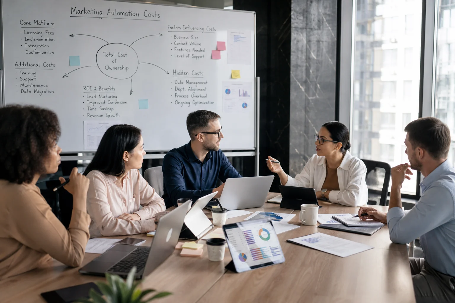 A diverse team collaborates at a conference table, discussing marketing automation strategies amid digital devices and bright