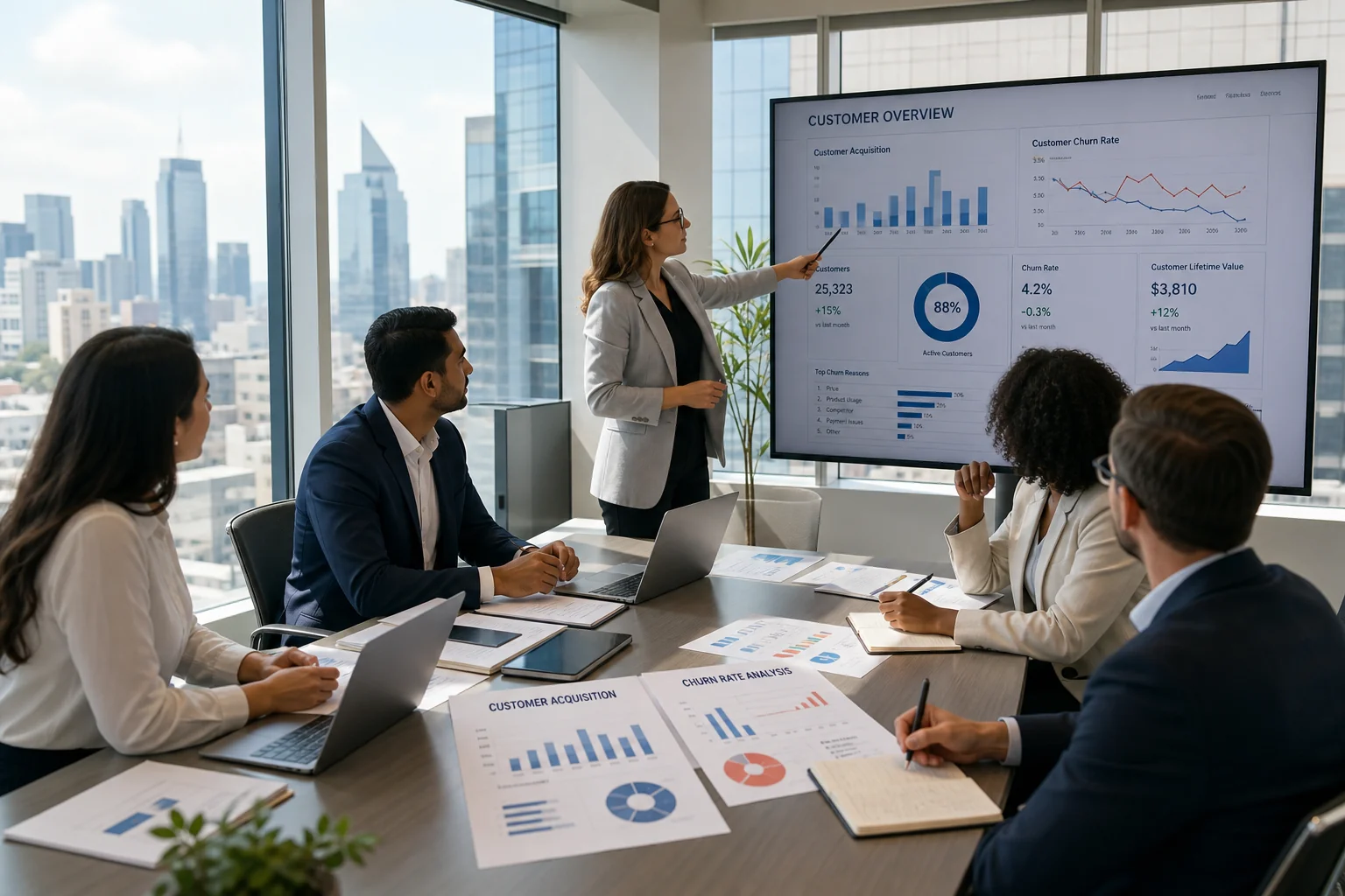 A diverse consulting team collaborates at a bright conference table, analyzing customer data to strategize churn reduction.