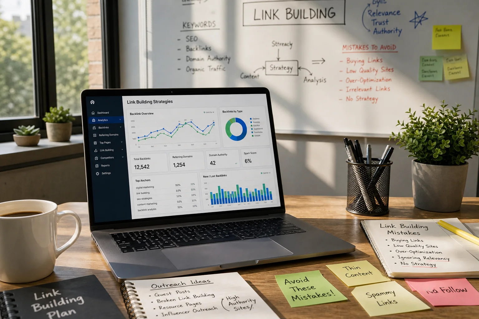 A professional office workspace with a laptop displaying analytics, notes, and a coffee cup, emphasizing link-building strate