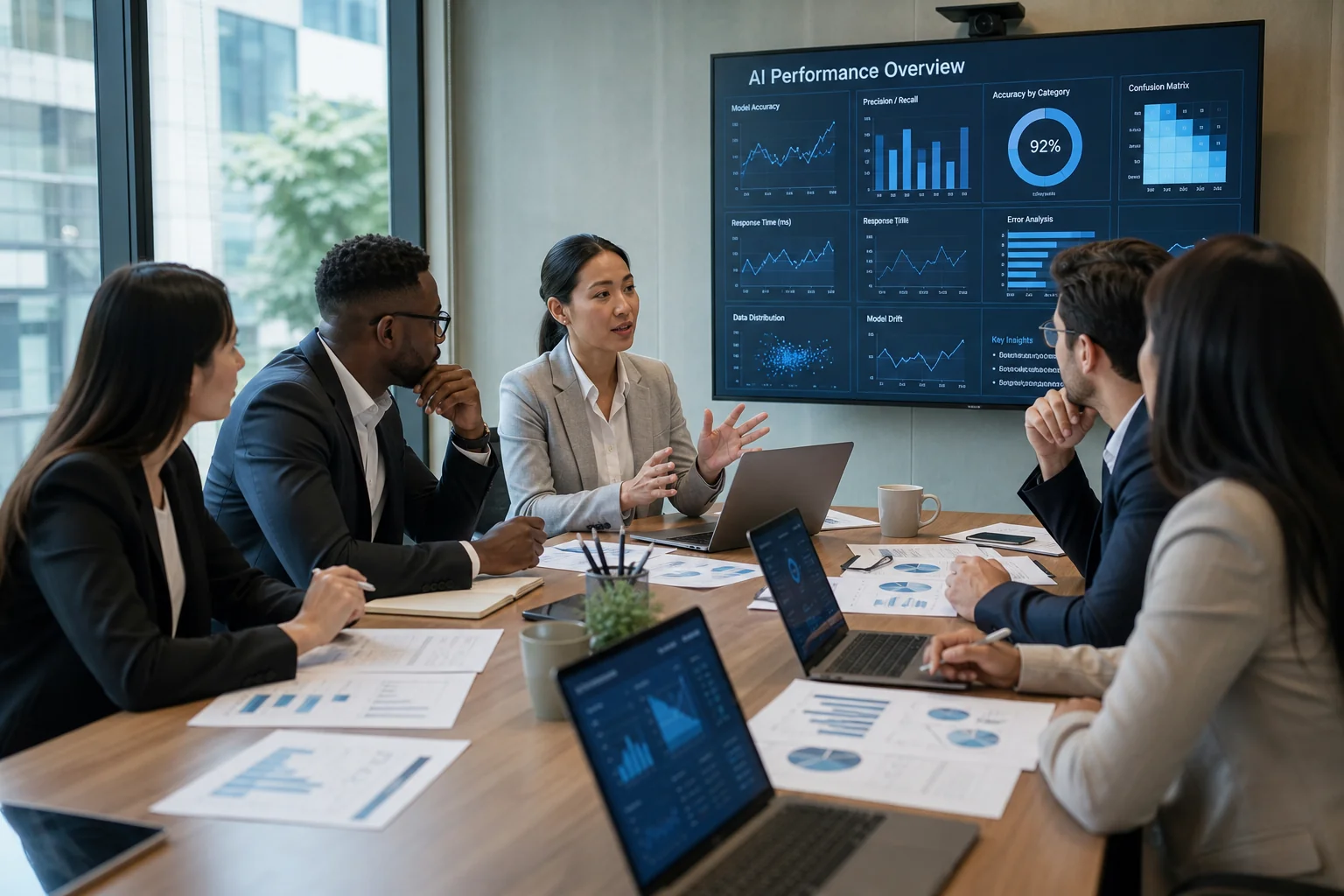 Diverse professionals discuss AI metrics in a bright, modern office, surrounded by data visuals and collaborative energy.