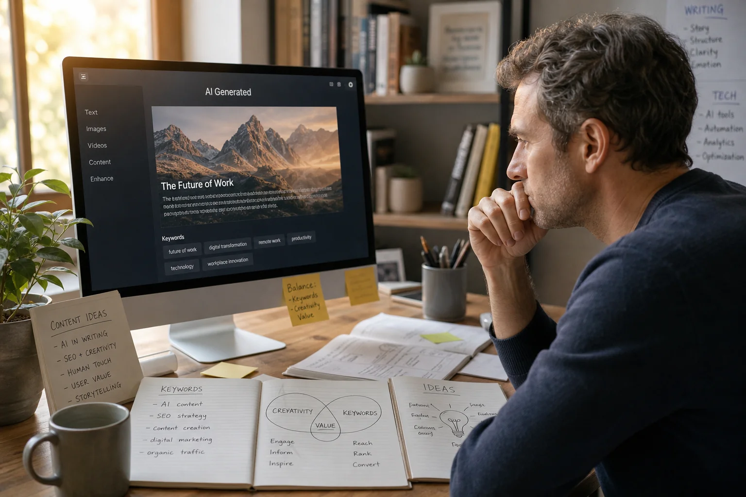 A person reflects at a modern workstation, surrounded by notes and sketches, as natural light highlights their creative proce