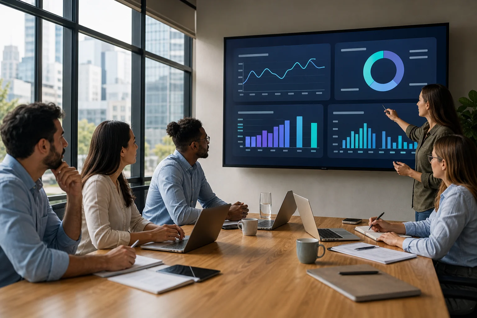 A diverse team collaborates around a conference table, analyzing customer metrics on a screen, showcasing teamwork and focus.