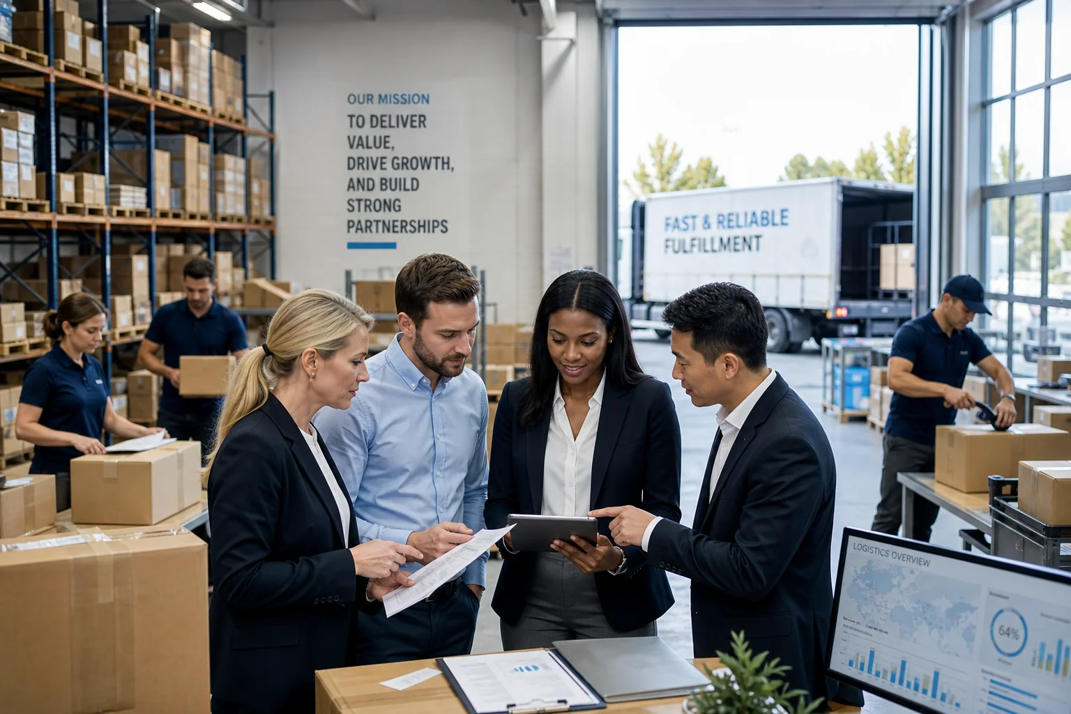 Modern warehouse scene with organized shelves, workers packing boxes, a delivery truck, and professionals discussing logistic