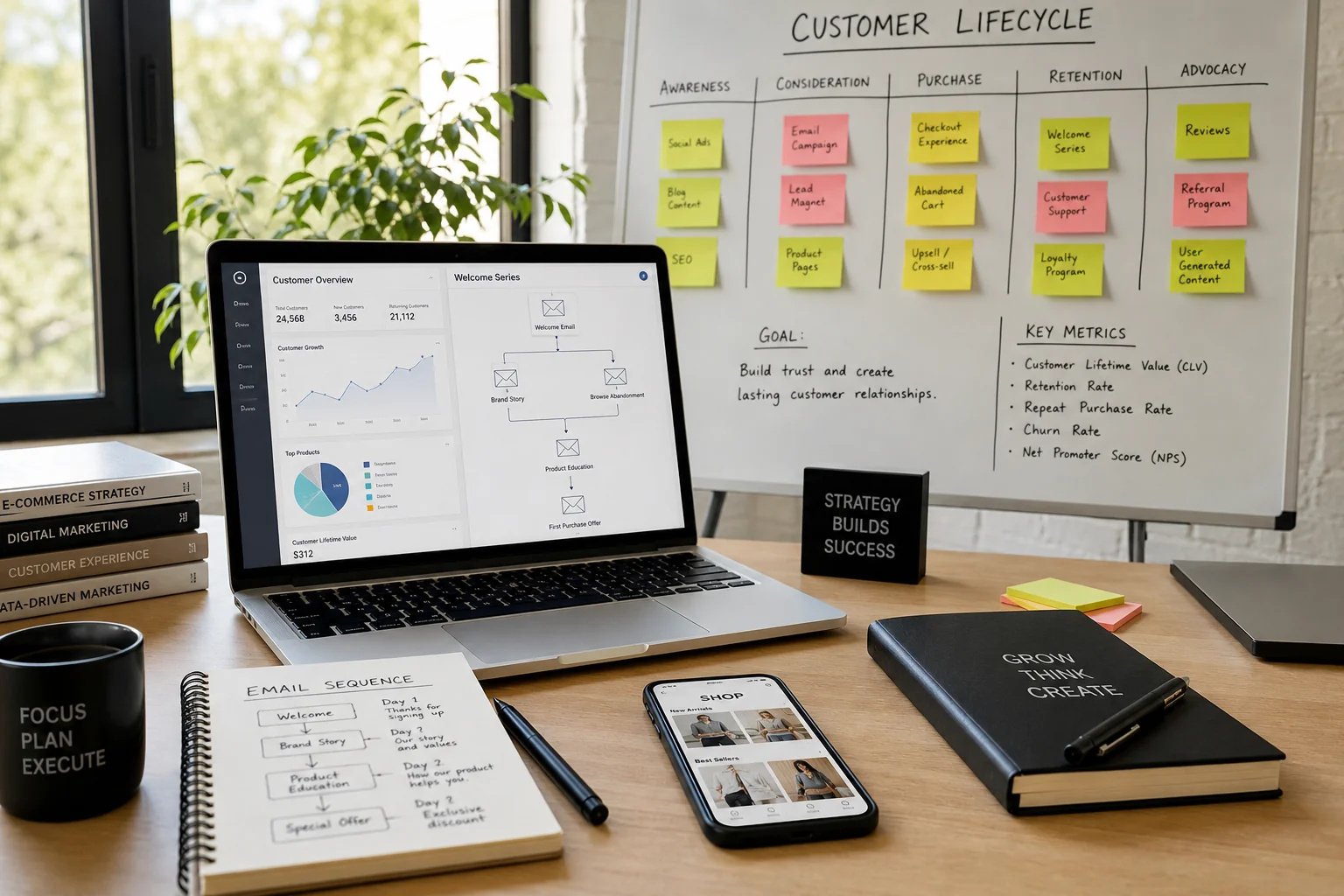 A modern workspace with a laptop, notepad, and smartphone, highlighting e-commerce strategies and customer engagement.