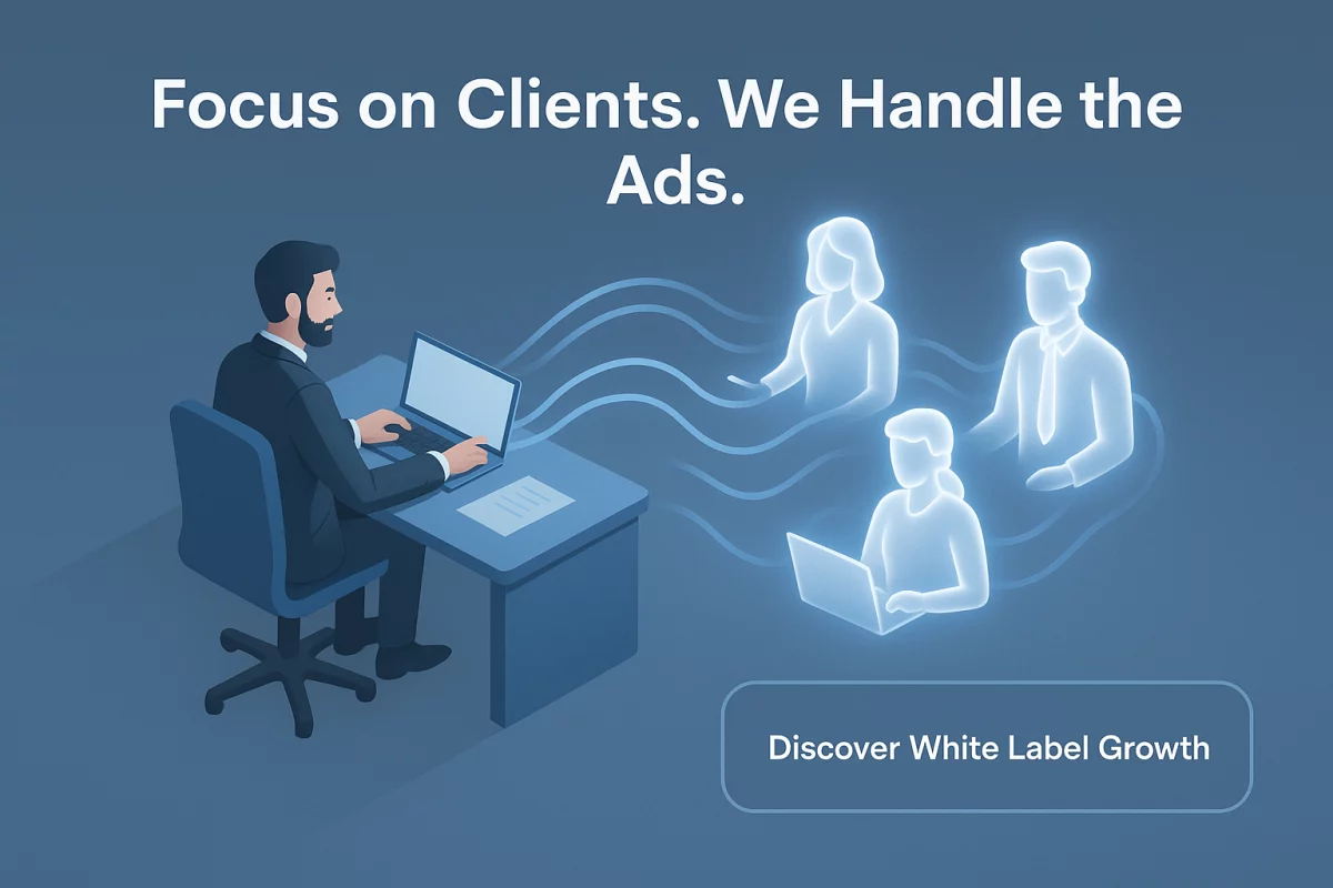 Futuristic digital scene of an agency owner delegating ad tasks to a virtual support team
