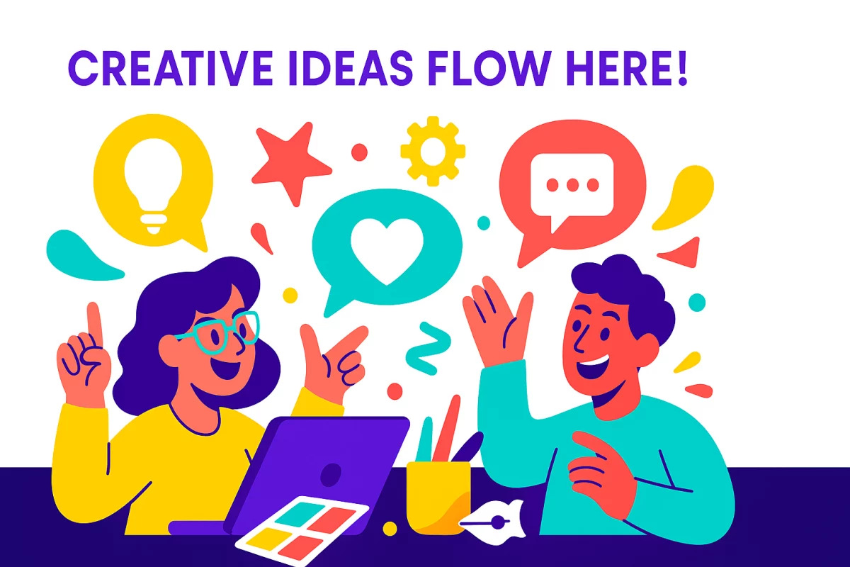 White Label Graphic Design Agency concept with two creative characters exchanging ideas through colorful speech bubbles and symbols, with the slogan 'Creative Ideas Flow Here!' on a white background.